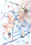  aqua_eyes blush breasts cleavage collarbone dual_wielding flower fuuro_(johnsonwade) hair_flower hair_ornament holding holding_sword holding_weapon katana large_breasts long_hair open_mouth original sandals silver_hair smile solo sword weapon 