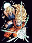  attack_ball attacking_viewer black_background blonde_hair boots dougi dragon_ball dragon_ball_(object) dragon_ball_z energy fighting_stance gloves green_eyes highres long_hair looking_at_viewer multiple_boys official_art open_mouth outstretched_hand serious short_hair son_gokuu spiked_hair vegeta very_long_hair wristband 