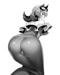  ass bare_shoulders blush dress greyscale hizuki_akira impossible_clothes looking_at_viewer looking_back medium_hair monochrome natsume_(pokemon) pokemon pokemon_(game) pokemon_bw2 skin_tight solo 