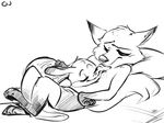  2017 ahappypichu-mod anthro bed canine cuddling disney duo eyes_closed fox fur half_naked judy_hopps lagomorph lying mammal monochrome nick_wilde pillow rabbit simple_background size_difference zootopia 