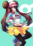  black_legwear blue_eyes breasts brown_hair butano_(star-dust_boxxx) double_bun holding holding_poke_ball long_hair long_sleeves medium_breasts mei_(pokemon) navel open_mouth pantyhose poke_ball poke_ball_(generic) pokemon pokemon_(game) pokemon_bw2 skirt solo twintails visor_cap 