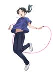  black_hair flat_chest full_body grey_eyes highres jump_rope jumping long_hair navel open_mouth original pants polo_shirt ponytail rungsak_sontayanont shoes sneakers solo sweatpants white_background 