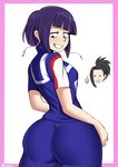  afrobull ass bangs black_eyes black_hair blood blunt_bangs blush boku_no_hero_academia border breasts chibi chibi_inset covered_nipples grin highres jirou_kyouka multiple_girls nosebleed pink_border plug purple_hair short_hair skin_tight small_breasts smile smug solo_focus thumbs_up wide_hips yaoyorozu_momo 