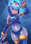  android blue_eyes bodysuit bracelet commentary_request glaive helmet highres jewelry leviathan_(rockman) open_mouth polearm rockman rockman_zero smile solo spear tesshii_(riza4828) thighhighs underwater weapon wide_hips 
