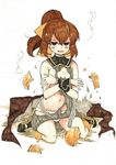  absurdres armor breasts broken_armor brown_eyes brown_hair cape covering covering_breasts dyute_(fire_emblem) fang fire_emblem fire_emblem_echoes:_mou_hitori_no_eiyuuou highres long_hair mehonobu_g navel open_mouth panties ponytail sitting small_breasts torn_cape torn_clothes traditional_media underwear wariza white_panties wristband 