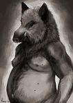  2016 anisis belly black_eyes boar body_hair deep_navel digital_media_(artwork) digital_painting_(artwork) freckles front_view fur gradient_background grey_background greyscale hairy half-length_portrait happy_trail male mammal monochrome musclegut navel nipples nude overweight overweight_male pig_nose porcine portrait signature simple_background solo tusks white_background 