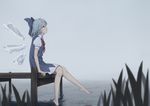  barefoot blue_dress blue_eyes blue_hair blue_ribbon cirno commentary dress dtvisu fog grass hair_ribbon ice ice_wings lake looking_up pier ribbon sitting solo touhou water wings 