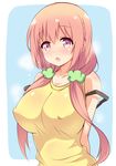  arms_behind_back breasts covered_nipples eyebrows_visible_through_hair hair_ornament hair_scrunchie highres hinako_note large_breasts long_hair open_mouth pink_eyes pink_hair sakuragi_hinako scrunchie shoulder_strap simple_background solo yuu_(yumezakura) 