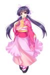  black_eyes black_hair bow dress fan floral_print full_body hair_bow hichou highres japanese_clothes kimono long_hair looking_at_viewer mystical_power_plant original pink_kimono print_kimono sandals solo standing touhou transparent_background twintails white_bow yaezaki_an 