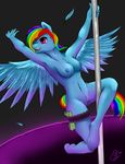  2015 absurd_res anthro anthrofied areola blue_feathers breasts clothed clothing dancing equine feathered_wings feathers female friendship_is_magic garter hair hi_res long_hair mammal money multicolored_hair multicolored_tail my_little_pony nipples nude open_mouth pegasus pole pole_dancing pussy rainbow_dash_(mlp) rainbow_hair rainbow_tail smile solo stripper thehashbaron topless wings 
