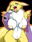  2017 3_fingers areola blue_eyes breasts claws digimon female fur inverted_nipples mindseyeanime mostly_nude neck_tuft nipples pointing pussy renamon solo tongue tongue_out tuft white_fur yellow_fur 