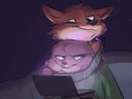  2016 ahappypichu-mod annoyed anthro black_nose canine clothed clothing computer disney duo female fox fur holding_object inside judy_hopps lagomorph laptop looking_back male mammal nick_wilde purple_eyes rabbit red_fur smile zootopia 