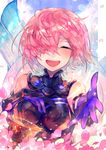  :d breasts closed_eyes commentary_request cup elbow_gloves facing_viewer fate/grand_order fate_(series) gloves grail hair_over_one_eye hand_on_own_chest happy maon_(vava0210) mash_kyrielight medium_breasts open_mouth outstretched_arm petals pink_hair shield short_hair sleeveless smile solo sparkle teeth upper_body wind 