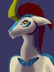  anthro blue_scales female gentleguardian hair invalid_tag kirin looking_at_viewer mammal one_horn portrait red_hair scales simple_background simple_shading solo 