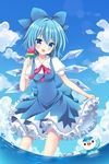  :d blue_dress blue_eyes blue_hair blue_sky bow bowtie cirno cloud commentary_request cowboy_shot day dress food frilled_dress frills gen_2_pokemon gen_4_pokemon hair_bow ice ice_wings looking_at_viewer mayo_(miyusa) open_mouth piplup pokemon pokemon_(creature) popsicle puffy_short_sleeves puffy_sleeves red_bow red_neckwear short_hair short_sleeves skirt_hold sky smile touhou wading water water_drop watermelon_bar wings wooper 