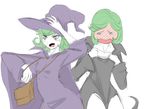  2girls angry berserk blush cosplay crossover green_hair multiple_girls one-punch_man schierke tagme tatsumaki witch witch_hat 