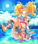  aikatsu!_(series) aikatsu_stars! beads blonde_hair braid character_name cloud day earrings flower frills green_eyes head_wreath hula jewelry nail_polish nikaidou_yuzu ocean plumeria sandals shell sky star star_earrings teeth twintails v water yakiniku_(konoha3561) 