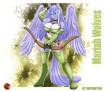 2014 absurd_res anthro armor blue_feathers blue_hair bow_(weapon) breasts cleavage clothed clothing equine fan_character feathered_wings feathers female fingerless_gloves gauntlets gloves green_eyes hair hi_res holding_object holding_weapon horn mammal mariah_wolves my_little_pony one_eye_closed ranged_weapon skyraptor solo standing weapon white_hair winged_unicorn wings 