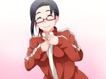  bad_id bad_pixiv_id black_hair blush breasts closed_eyes demi-chan_wa_kataritai glasses jacket large_breasts long_hair poncho_s red-framed_eyewear satou_sakie semi-rimless_eyewear smile solo track_jacket under-rim_eyewear upper_body 