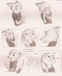  ambiguous_gender anthro baby canine clothed clothing comic dialogue disney english_text female fox fur group hi_res judy_hopps lagomorph male mammal monochrome nick_wilde rabbit smile sprinkah text young zootopia 