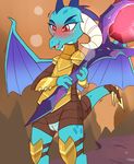  2016 anthro armor bat_wings blue_scales blush clothed clothing cold-blooded-twilight dragon duo edit female friendship_is_magic hi_res horn membranous_wings my_little_pony naughty_face open_mouth partially_clothed princess_ember_(mlp) pussy pussy_juice red_eyes scales scalie size_difference solo solo_focus standing tongue wings 