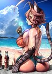  ahoge animal_ears antenna_hair arm_at_side ass back bare_legs bare_shoulders beach bikini bikini_top blue_shorts blue_sky bottle breasts brown_eyes brown_hair cat_ears cat_girl cat_paws cat_tail cloud cloudy_sky cola condensation_trail day denim denim_shorts eating food food_in_mouth from_behind hair_between_eyes hand_up holding huge_ahoge large_breasts long_hair looking_at_viewer looking_back micro_shorts mouth_hold ocean orange_bikini orange_bikini_top original outdoors paws popsicle profile red_eyes shore short_shorts shorts sideboob sitting sky soda_bottle solo swimsuit tail thong toned twisted_torso underboob water yagatake_arashi yana_(nekoarashi) 
