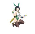  animal_ears ankle_bow ankle_ribbon aqua_hairband black_eyes black_hair bottle bow breasts brown_legwear bunny_ears full_body green_leotard hair_ornament hairband hairclip holding holding_bottle kirigaya_suguha large_breasts leotard long_legs looking_at_viewer official_art one_eye_closed one_knee ribbon short_hair sleeveless smile solo sword_art_online sword_art_online:_code_register thighhighs transparent_background white_leotard wrist_cuffs yellow_bow 