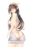  ass backless_dress backless_outfit bare_back black_hair blush breasts butt_crack dress hairband halterneck haruna_(kantai_collection) kantai_collection large_breasts long_hair looking_at_viewer looking_back meme_attire naked_sweater no_bra no_panties open_mouth red_eyes remodel_(kantai_collection) ribbed_sweater sideboob simple_background solo sweater sweater_dress turtleneck turtleneck_sweater virgin_killer_sweater white_background yakumocc 