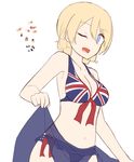  bangs bikini blonde_hair blue_eyes braid breasts cleavage commentary_request cowboy_shot darjeeling eyebrows_visible_through_hair flag_print french_braid girls_und_panzer highres kapatarou looking_at_viewer medium_breasts navel one_eye_closed open_mouth print_bikini sarong sarong_lift short_hair sketch smile solo standing swimsuit swimsuit_skirt tied_hair twin_braids union_jack union_jack_bikini white_background 