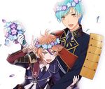  aqua_hair armor brown_eyes brown_hair flower gotou_toushirou head_wreath ichigo_hitofuri japanese_armor male_focus military military_uniform multicolored_hair multiple_boys necktie nomuo_(shiromi) open_mouth petals shoulder_armor smile sode streaked_hair touken_ranbu uniform v yellow_eyes 