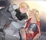  :d alphonse_elric armor bad_id bad_twitter_id black_jacket blonde_hair closed_eyes conqueror_of_shambala dual_persona facing_another full_armor fullmetal_alchemist gloves headwear_removed helmet helmet_removed holy_pumpkin jacket long_hair long_sleeves male_focus multiple_boys older open_mouth ponytail skinny smile time_paradox twitter_username white_gloves 