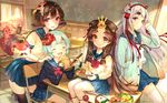  aqua_hair arm_support black_legwear bread brown_hair cardigan carp chalkboard chin_(onmyoji) chopsticks classroom closed_eyes commentary facial_hair food hand_up hands_on_shoulders happy hat highres holding holding_chopsticks indoors itsumade_(onmyoji) kaguya_(onmyoji) kingyohime light_particles light_rays long_hair looking_at_viewer mask mask_on_head melon_bread midriff multiple_girls mustache obentou oni_mask onmyoji pentagram pierorabu pleated_skirt purple_hair red_eyes saishi school_uniform serafuku short_hair sitting skirt smile sunlight thighhighs transparent watermark white_legwear yin_yang 