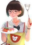  apron black-framed_eyewear black_hair bob_cut bow cooking food fried_egg glasses grey_eyes highres light_smile lips nose original plate round_eyewear rungsak_sontayanont sausage short_hair solo spam spatula watch wristwatch 