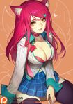  academy_ahri ahri animal_ears bangs belly_peek black_legwear blue_skirt breasts cleavage commentary fox_ears fox_tail hair_ornament hairclip heart heart_hair_ornament large_breasts league_of_legends long_hair long_sleeves looking_at_viewer multiple_tails navel plaid plaid_vest red_hair school_uniform shirt sitting skirt smile solo songjikyo swept_bangs tail thighhighs vest whisker_markings white_shirt yellow_eyes 