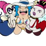  3girls big_lips blue_hair blush breasts character_request earrings eyeshadow glasses large_breasts lips looking_at_viewer multiple_girls navel pink_hair plump topless youkai_watch 