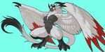  4_toes 6_breasts anthro avian black_skin breasts feathered_wings feathers female horn hutago multi_breast multicolored_feathers red_feathers spread_wings tail_tuft talons toes tuft two_tone_feathers white_feathers wings yellow_eyes 