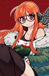  1girl bangs breasts cowboy_shot eyebrows_visible_through_hair fur_trim glasses headphones jacket long_hair looking_at_viewer orange_hair persona persona_5 purple_eyes saane sakura_futaba shirt shorts small_breasts smile tanktop thighhighs ufo upper_body 