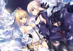  :d :o aestus_estus ahoge arm_around_waist arm_strap artoria_pendragon_(all) asymmetrical_docking bangs bare_shoulders belt between_breasts black_bow black_legwear blonde_hair blue_choker blue_dress blush bow breast_press breasts bridal_veil buckle bun_cover cafeore chain chain_necklace choker cleavage cloud cloudy_sky collarbone cowboy_shot dark_excalibur detached_collar detached_sleeves dress dutch_angle excalibur eyebrows_visible_through_hair fate/extra fate/extra_ccc fate/grand_order fate_(series) fisheye flower flower_wreath frilled_sleeves frills from_side full-length_zipper garter_straps gloves gothic_lolita grass green_eyes hair_between_eyes hair_bow hair_bun hair_intakes halterneck hand_on_another's_hip hand_on_own_chest happy head_wreath highleg highleg_leotard highres holding holding_sword holding_weapon hug lace lens_flare leotard lock lolita_fashion long_sleeves looking_at_viewer loose_belt medium_breasts multiple_girls nero_claudius_(bride)_(fate) nero_claudius_(fate)_(all) open_mouth outdoors padlock parted_lips petals planted_sword planted_weapon profile puffy_detached_sleeves puffy_sleeves reverse_grip saber_alter shiny shiny_hair showgirl_skirt sideboob sidelocks skirt sky smile standing strapless strapless_leotard studded_belt sword thighhighs unzipped veil weapon white_bow white_flower white_gloves white_hair white_legwear white_leotard white_skirt white_sleeves wide_sleeves yellow_eyes zettai_ryouiki zipper zipper_pull_tab 