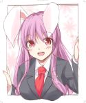  1girl :d animal_ears black_jacket blazer blush border breasts bunny_ears commentary_request crescent crescent_moon_pin floral_background hands_up jacket kue large_breasts long_sleeves necktie open_mouth outside_border purple_hair red_eyes red_neckwear reisen_udongein_inaba shirt sidelocks sketch smile solo touhou upper_body white_background white_border white_shirt 