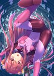  alternate_costume bodysuit bow commentary_request feet_out_of_frame gun gurande_(g-size) hair_bow highres kamikaze_(kantai_collection) kantai_collection long_hair looking_at_viewer open_mouth pink_bodysuit red_eyes red_hair solo spread_legs upside-down weapon yellow_bow 