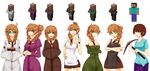 at2. blush braid brown_hair eyebrows_visible_through_hair glasses green_eyes herobrine highres knife looking_at_viewer minecraft multiple_girls open_mouth personification pickaxe short_hair smile villager_(minecraft) 