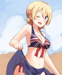  bikini blonde_hair blue_eyes blush breasts cleavage cowboy_shot darjeeling eyebrows_visible_through_hair flag_print girls_und_panzer highres kapatarou large_breasts looking_at_viewer mismatched_bikini navel one_eye_closed print_bikini smile solo swimsuit union_jack union_jack_bikini 