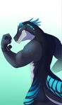  abs anthro ape belt biceps blue_skin butt claws crocodile crocodilian flexing gorilla grin horn hybrid invalid_tag lizard looking_at_viewer male mammal markings muscular pose primate reptile scalie simple_background smile solo standing stripes teeth wristband 