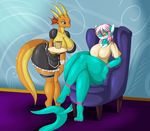  2017 anthro bottomless breasts cleavage clothed clothing cup dragon duo female fish hair horn inside maid_uniform marine multicolored_hair shark sitting suirano two_tone_hair uniform 