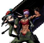  2girl abs beret blue_eyes blue_hair boots breasts cleavage cline_(metal_slug) female female_only fingerless_gloves gloves ground_vehicle growth_(metal_slug) hair_over_eyes hat knife metal_slug metal_slug_attack military military_vehicle motor_vehicle muscle muscular_female navel official_art ponytail purple_hair scar snk tank weapon 