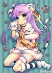  animal_ears banana black_panties blue_eyes blush cat_ears cat_tail chain character_request cosplay crop_top dengeki_hime earrings eating food fruit fur_trim gloves jewelry kneehighs koihime_musou kuwada_yuuki long_hair midriff moukaku moukaku_(cosplay) official_art open_mouth panties panty_peek paw_background paw_gloves paw_shoes paws purple_hair shoes sitting solo striped striped_background striped_legwear tail thigh_strap tiger_ears tiger_tail underwear vertical-striped_background vertical_stripes watermark 