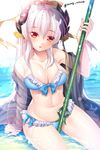  arm_support bangs bikini blue_bikini bow bow_bikini breasts cleavage collarbone day dragon_horns eyebrows_visible_through_hair fate/grand_order fate_(series) frilled_bikini frills groin hair_bow hair_ornament holding holding_weapon horns kiyohime_(fate/grand_order) kiyohime_(swimsuit_lancer)_(fate) lance long_hair looking_at_viewer medium_breasts navel outdoors parted_lips polearm ponytail red_eyes see-through shawl sitting solo swimsuit twitter_username water weapon wet white_hair yanagi_akane_(yousei_kinoko) yellow_bow 