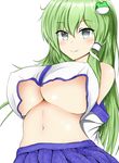  adapted_costume breasts detached_sleeves frog_hair_ornament green_eyes green_hair hair_ornament hair_tubes highres isshin_(sasayamakids) kochiya_sanae large_breasts long_hair midriff navel smile snake_hair_ornament solo touhou underboob 