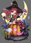  2drr absurdres bare_shoulders black_hat blue_eyes boots breasts cleavage eyebrows_visible_through_hair ghost gift hat high_heel_boots high_heels highres jack-o'-lantern large_breasts long_hair looking_at_viewer original parted_lips pumpkin red_hair solo staff striped striped_legwear thighhighs witch_hat 