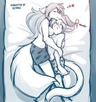  2017 basitin bed blush boxers_(clothing) breasts canine chest_tuft clothed clothing duo ears_back eyes_closed featureless_breasts female hug keidran larger_female lying male mammal monochrome nervous nightcap on_side partially_clothed simple_background size_difference sketch sleeping smaller_male smile sound_effects sweat tom_fischbach topless tuft twokinds underwear webcomic white_background wolf zzz 
